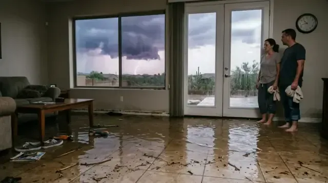 Roof and rain leak water damage through a Santee, CA ceiling